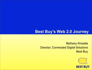 Best Buy’s Web 2.0 Journey

                     Bethany Kinsella
  Director, Connected Digital Solutions
                              Best Buy




                                     1
 