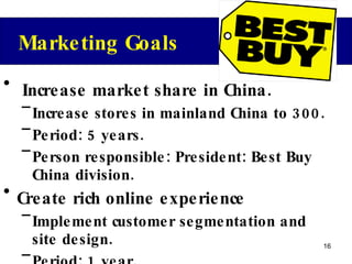 Increase market share in China. Increase stores in mainland China to 300. Period: 5 years.  Person responsible: President: Best Buy China division. Create rich online experience Implement customer segmentation and site design. Period: 1 year.  Unit responsible: IT Division Marketing Goals 