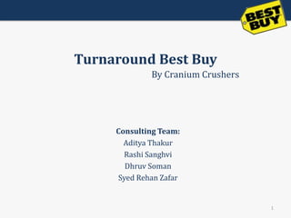 Turnaround Best Buy
             By Cranium Crushers




     Consulting Team:
       Aditya Thakur
       Rashi Sanghvi
       Dhruv Soman
     Syed Rehan Zafar


                                   1
 