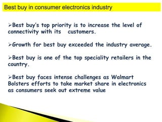 Best buy in consumer electronics industry
Best buy’s top priority is to increase the level of
connectivity with its customers.
Growth for best buy exceeded the industry average.
Best buy is one of the top speciality retailers in the
country.
Best buy faces intense challenges as Walmart
Bolsters efforts to take market share in electronics
as consumers seek out extreme value
 