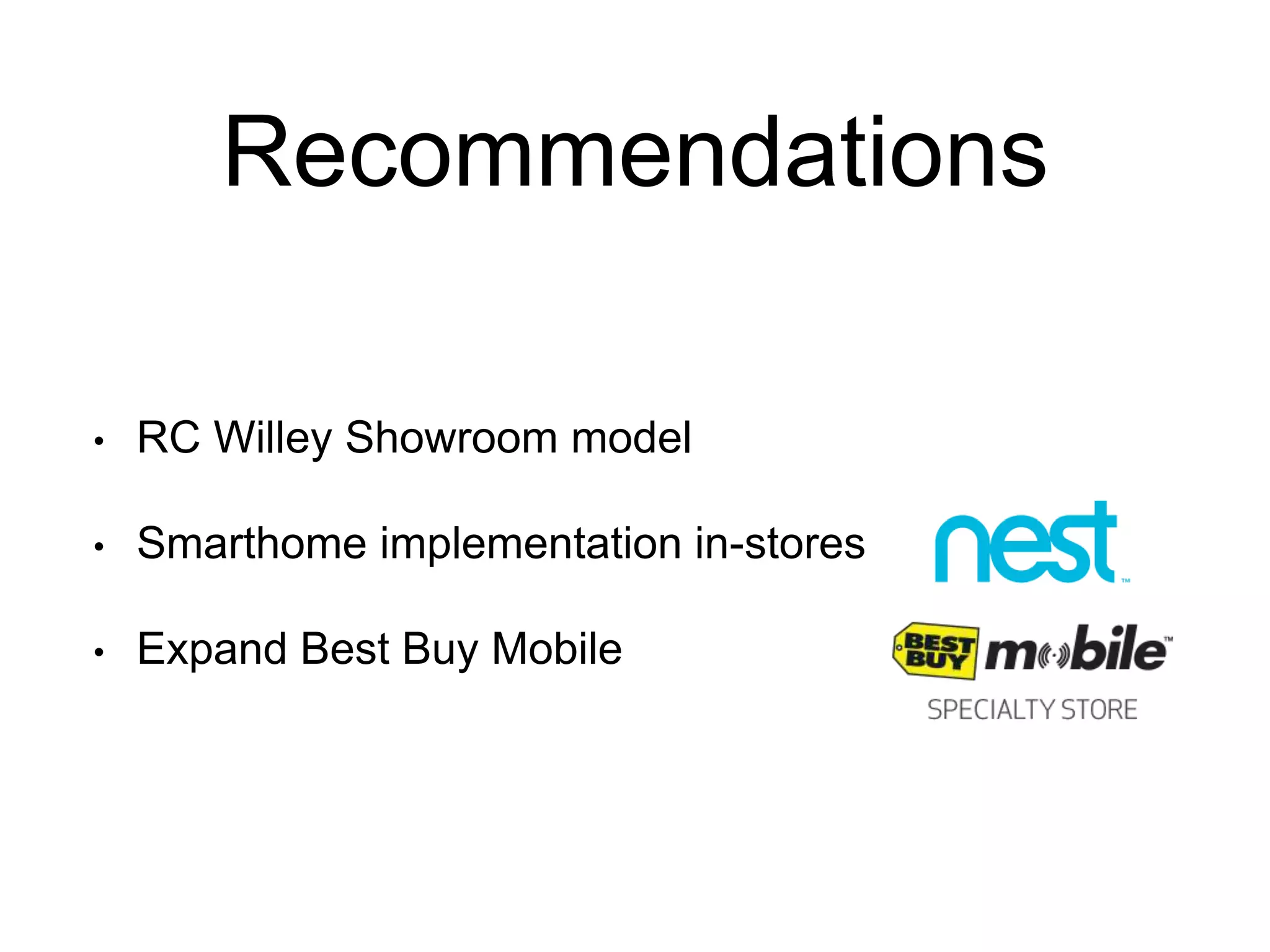 Recommendations
• RC Willey Showroom model
• Smarthome implementation in-stores
• Expand Best Buy Mobile
 