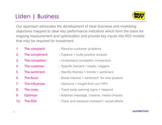 Listen | Business
1.  The complaint: - Resolve customer problems
2.  The compliment: - Capture + build positive reviews
3.  The competitor: - Understand competitor momentum
4.  The customer: - Specific barriers / needs / triggers
5.  The sentiment: - Identify themes + trends + sentiment
6.  The Buzz: - Boost interest + sentiment for new product
7.  The Influencer: - Opinions + insight from our VIPs
8.  The crisis: - Track early warning signs + respond
9.  Optimize: - Address message, creative, media choices
10.  The ROI: - Track and measure outreach / social efforts
Our approach advocates the development of clear business and marketing
objectives mapped to clear key performance indicators which form the basis for
ongoing measurement and optimization and provide key inputs into ROI models
that may be required for investment.
10
 