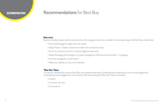 17
TITLE HERE
The CHI Wunderman Partnership
RECOMMENDATIONS Recommendationsfor BestBuy.
Near-term
Based immediate opportunities and activity in the category, there are a number of immediate steps that Best Buy should take:
• Consolidate pages to align with user needs
• Adopt Places + Deals to drive more check-ins in physical stores
• Focus on customer service to reduce negative sentiment
• Adopt EmergingTechnologies to create management efficiencies and further 1:1 dialogue
• Actively manage the conversation
• Make your weekly circular more relevant
“Blue Sky” Ideas
To capture a leadership position, Best Buy must explore new ways of enabling and enhancing its core marketing goals by
creating improved engagement via Facebook.We have developed “Blue Sky” ideas to enhance:
• Loyalty
• Customer Service
• E-commerce
 