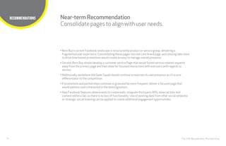 18
TITLE HERE
The CHI Wunderman Partnership
RECOMMENDATIONS
• Best Buy’s current Facebook landscape is structured by product or service group, delivering a
fragmented user experience. Consolidating these pages into one core brand page, and utilizing tabs more
to drive time-based promotions would create an easy to manage overall presence.
• Second, Best Buy should develop a customer service Page that would funnel service-related requests
away from the primary page and then allow for focused interactions with end users with regards to
service.
• Additionally, we believe the Geek Squad should continue to maintain its own presence as it’s a core
differentiator to the competition.
• If promotions and partnerships continue to grow and be more frequent, deliver a focused page that
would address users interested in the latest/greatest.
• New Facebook features allow brands to create walls, integrate third party APIs, external links and
content within a tab, so there is no loss of functionality. Use of existing data from other social networks
or strategic social listening can be applied to create additional engagement opportunities.
Near-term Recommendation
Consolidatepagestoalignwithuser needs.
 