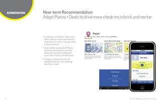 19
TITLE HERE
The CHI Wunderman Partnership
RECOMMENDATIONS Near-term Recommendation
AdoptPlaces+ Dealstodrivemorecheck-insinbrickandmortar
• In addition to Shopkick, Places and
Deals offers a similar experience to
allow users to check-in and get deals
in physical stores.
• Users ability to share both Places
and Deals functionality provides
additional interactions between
users, their friends, and the brand.
• Category competition has not
adopted these yet, thus allowing
Best Buy to lead.
 