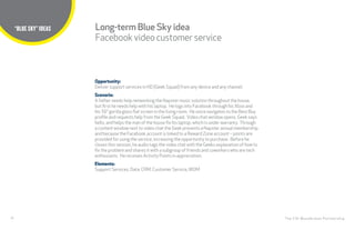 29
TITLE HERE
The CHI Wunderman Partnership
“BLUE SKY” IDEAS
Opportunity:
Deliver support services in HD (Geek Squad) from any device and any channel.
Scenario:
A father needs help networking the Napster music solution throughout the house,
but first he needs help with his laptop.  He logs into Facebook through his Xbox and
his 56” gorilla glass flat screen in the living room.  He voice navigates to the Best Buy
profile and requests help from the Geek Squad.  Video chat window opens, Geek says
hello, and helps the man of the house fix his laptop, which is under warranty.  Through
a content window next to video chat the Geek presents a Napster annual membership
and because the Facebook account is linked to a Reward Zone account – points are
provided for using the service, increasing the opportunity to purchase.  Before he
closes this session, he audio tags the video chat with the Geeks explanation of how to
fix the problem and shares it with a subgroup of friends and coworkers who are tech
enthusiasts.  He receives Activity Points in appreciation.
Elements:
Support Services, Data, CRM, Customer Service,WOM
Long-term Blue Sky idea
Facebookvideocustomer service
 