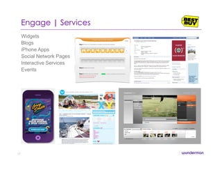 Engage | Services
Widgets
Blogs
iPhone Apps
Social Network Pages
Interactive Services
Events
17
 