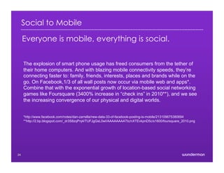Social to Mobile
Everyone is mobile, everything is social.
The explosion of smart phone usage has freed consumers from the tether of
their home computers. And with blazing mobile connectivity speeds, they’re
connecting faster to: family, friends, interests, places and brands while on the
go. On Facebook,1/3 of all wall posts now occur via mobile web and apps*.
Combine that with the exponential growth of location-based social networking
games like Foursquare (3400% increase in “check ins” in 2010**), and we see
the increasing convergence of our physical and digital worlds.
*http://www.facebook.com/notes/dan-zarrella/new-data-33-of-facebook-posting-is-mobile/213109675380694
**http://2.bp.blogspot.com/_dr3S8zqPnj4/TUFJgGsL0wI/AAAAAAAATtc/nXTEvkpnD5c/s1600/foursquare_2010.png
24
 