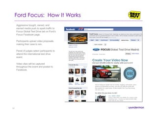 Ford Focus: How It Works
Aggressive bought, owned, and
earned media push to spark traffic to
Focus Global Test Drive tab on Ford’s
Focus Facebook page.
Participants upload video proposals
making their case to win.
Panel of judges select participants to
attend the international test drive
event.
Video clips will be captured
throughout the event and posted to
Facebook.
32
 