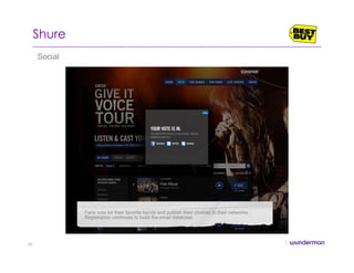Shure
Social
Fans vote for their favorite bands and publish their choices to their networks.
Registration continues to build the email database.
42
 
