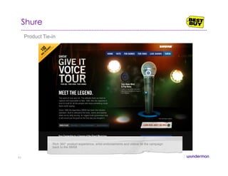 Shure
Product Tie-in
Rich 360° product experience, artist endorsements and videos tie the campaign
back to the SM58
43
 