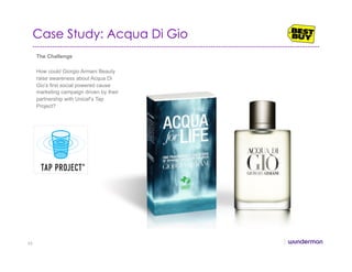 The Challenge
How could Giorgio Armani Beauty
raise awareness about Acqua Di
Gio’s first social powered cause
marketing campaign driven by their
partnership with Unicef’s Tap
Project?
Case Study: Acqua Di Gio
45
 