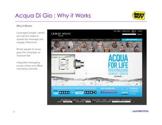Acqua Di Gio : Why it Works
Why it Works:
Leveraged bought, owned
and earned media to
spread the message and
engage influencers
Broad appeal of cause
gave the campaign an
inclusive feel
Integrated messaging
across online and offline
marketing channels
49
 