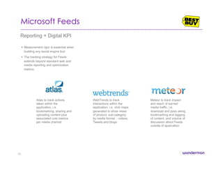 Microsoft Feeds
Reporting + Digital KPI
•  Measurement rigor is essential when
building any social engine tool
•  The tracking strategy for Feeds
extends beyond standard web and
media reporting and optimization
metrics
Atlas to track actions
taken within the
application, i.e.
bookmarking, sharing and
uploading content plus
associated cost metrics
per media channel
WebTrends to track
interactions within the
application, i.e. click maps
generated to show views
of product, sub-category
by media format - videos,
Tweets and blogs
Meteor to track impact
and reach of earned
media traffic, i.e.
download and pass along,
bookmarking and tagging
of content, and volume of
discussion about Feeds
outside of application
70
 