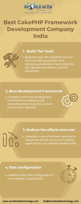 Best CakePHP Framework
Development Company
India
Build the tools with CakePHP and you
can find CSRF protection, Form
tampering protection, input validation,
SQL injection prevention, and XSS
prevention.
Cakephp is one of the best methods to
reduce the efforts and cost of making
applications and website development.
Cakephp is the best development
framework for making social
networking sites, blog sites, or even
eCommerce websites.
CakePHP offers fast configuration in
your website or application.
1. Build The Tools
3. Reduce the efforts and cost
2. Best development Framework
4. Fast configuration
www.worldwebtechnology.com biz@worldwebtechnology.com
 
