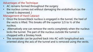 Advantages of the Technique
• AC remains formed throughout the surgery
• the nucleus comes out without damaging the endothelium.(as the
tunnel is depressed, )
Management of Hard Cataract
• Once the brown/black nucleus is engaged in the tunnel, the heel of
the vectis is lifted. This breaks off the superior 1/3 to ½ of the
nucleus.
• Alternatively one can remove the vectis completely when the nucleus
locks the tunnel. The part of the nucleus outside the tunnel is
chopped with a Sinskey hook.
• The remainder can be pushed back into AC with longitudinal axis
oriented along the axis of the tunnel and is removed using the vectis.
 