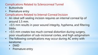 Complications Related to Sclerocorneal Tunnel
• Buttonhole
• Premature entry
Complications Related to Internal Corneal Incision
• An ideal self-sealing incision requires an internal corneal lip of
around 1.5 mm.
• <0.5 mm results in poor wound integrity, hyphema, and filtering
blebs.
• >0.5 mm creates too much corneal distortion during surgery,
poor visualization of sub-incisional cortex, and high astigmatism
• The following complications may occur during AC entry with
keratome:
• DMD
• Premature entry
 