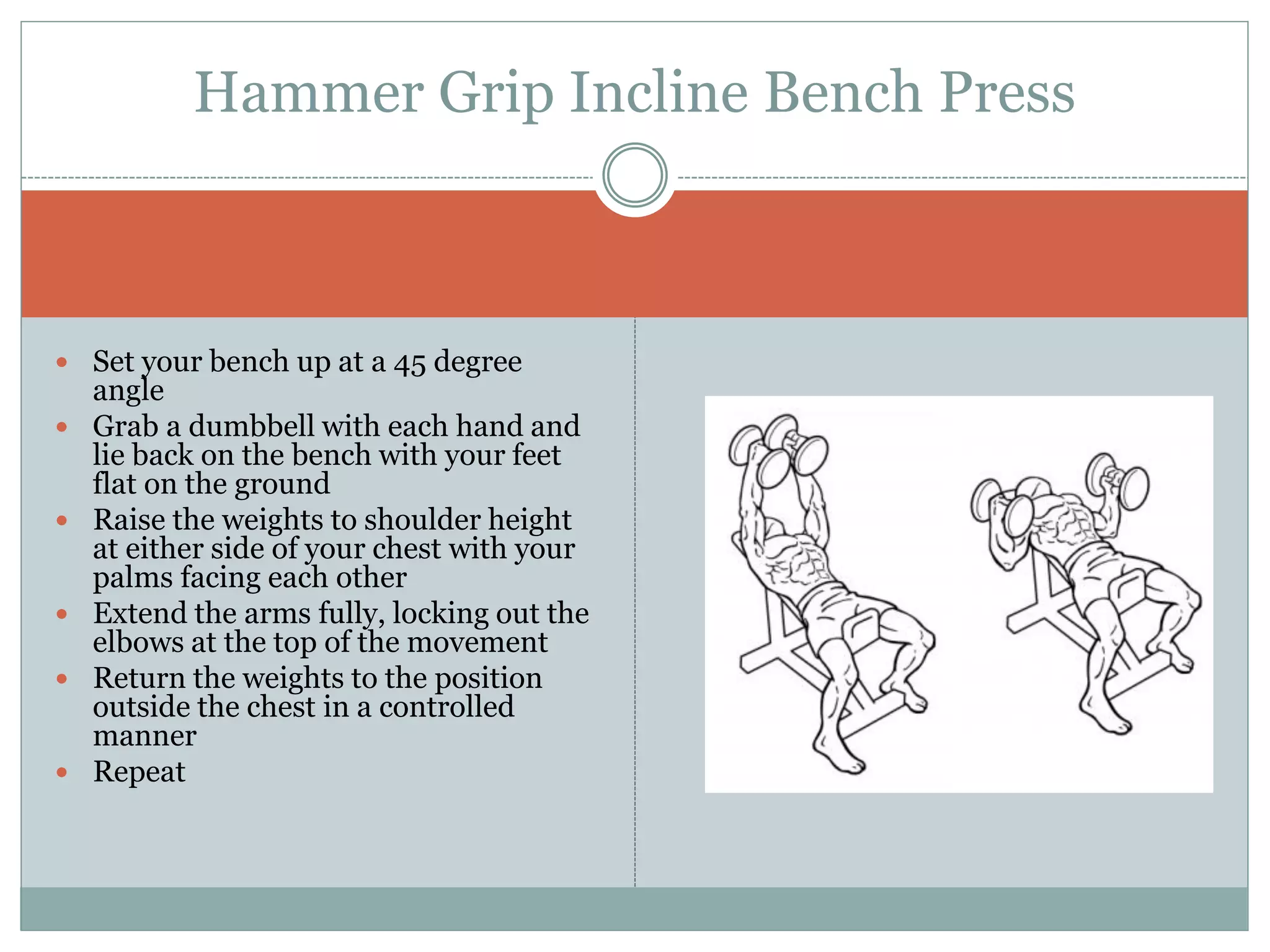  Set your bench up at a 45 degree
angle
 Grab a dumbbell with each hand and
lie back on the bench with your feet
flat on the ground
 Raise the weights to shoulder height
at either side of your chest with your
palms facing each other
 Extend the arms fully, locking out the
elbows at the top of the movement
 Return the weights to the position
outside the chest in a controlled
manner
 Repeat
Hammer Grip Incline Bench Press
 