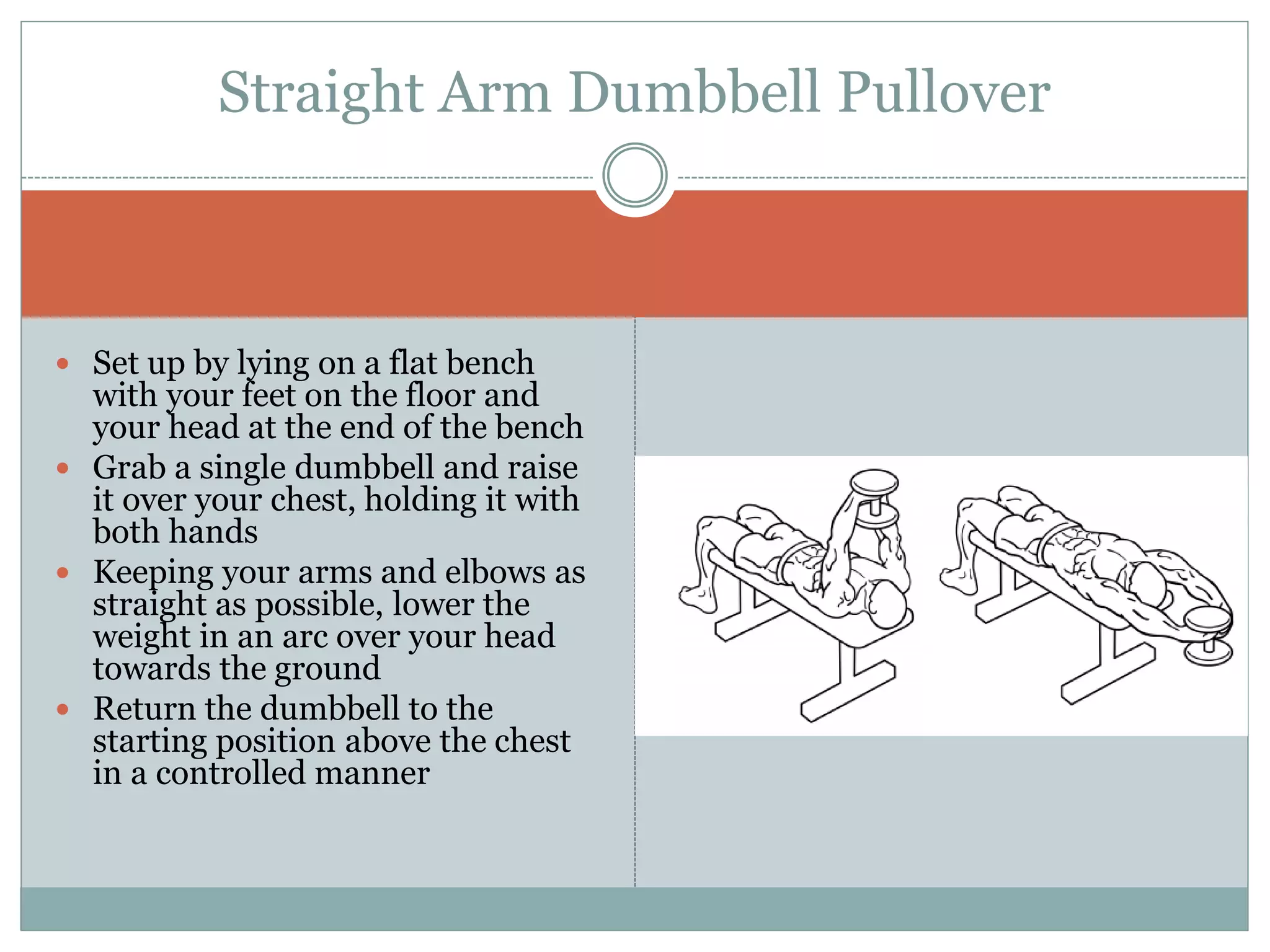  Set up by lying on a flat bench
with your feet on the floor and
your head at the end of the bench
 Grab a single dumbbell and raise
it over your chest, holding it with
both hands
 Keeping your arms and elbows as
straight as possible, lower the
weight in an arc over your head
towards the ground
 Return the dumbbell to the
starting position above the chest
in a controlled manner
Straight Arm Dumbbell Pullover
 