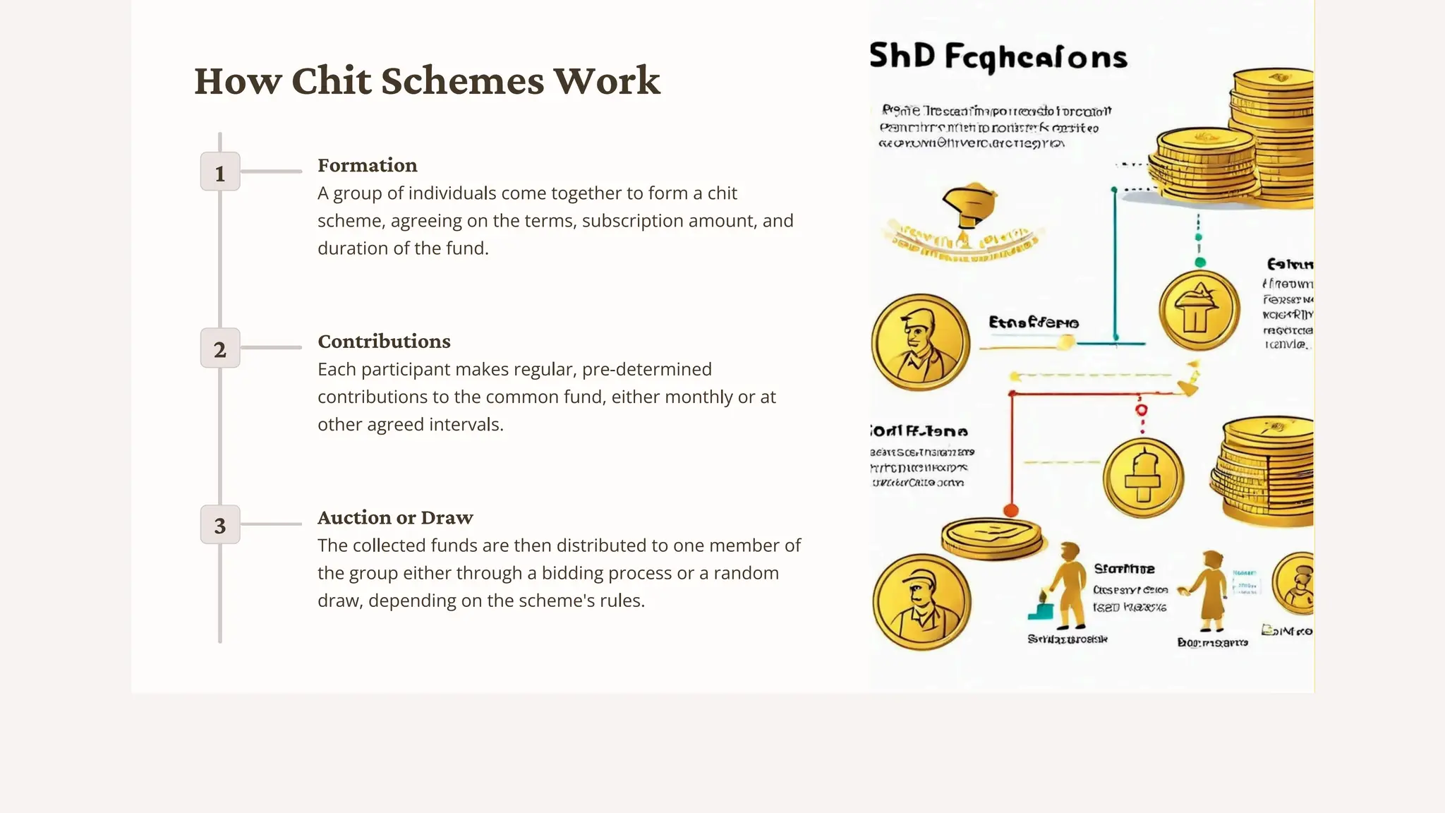 How Chit Schemes Work
1
2
3
Formation
A group of individuals come together to form a chit
scheme, agreeing on the terms, subscription amount, and
duration of the fund.
Contributions
Each participant makes regular, pre-determined
contributions to the common fund, either monthly or at
other agreed intervals.
Auction or Draw
The collected funds are then distributed to one member of
the group either through a bidding process or a random
draw, depending on the scheme's rules.
 