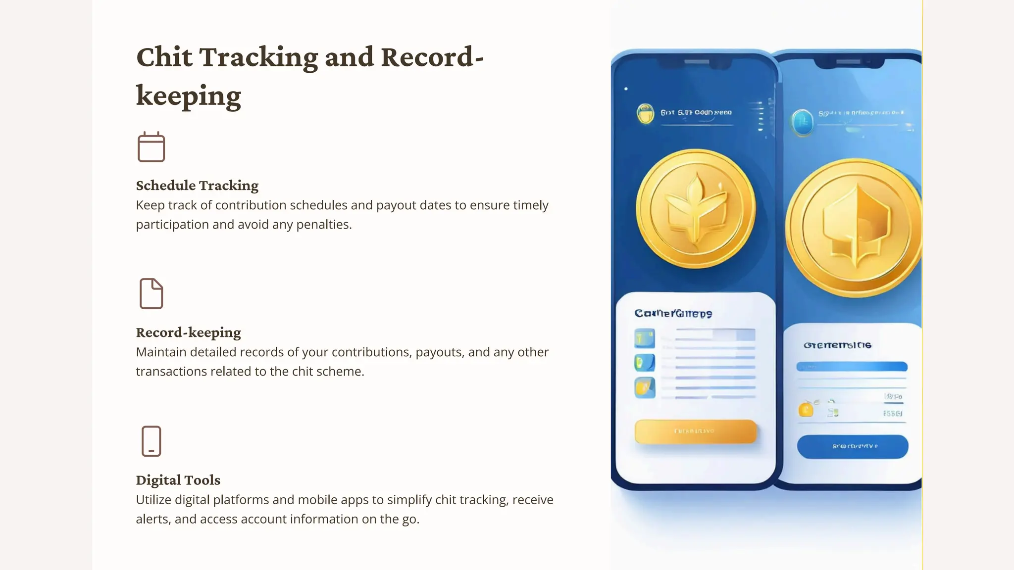 Chit Tracking and Record-
keeping
Digital Tools
Utilize digital platforms and mobile apps to simplify chit tracking, receive
alerts, and access account information on the go.
Record-keeping
Maintain detailed records of your contributions, payouts, and any other
transactions related to the chit scheme.
Schedule Tracking
Keep track of contribution schedules and payout dates to ensure timely
participation and avoid any penalties.
 