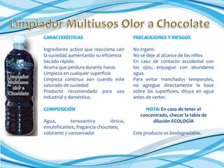 Ingrediente activo que reacciona con
la suciedad aumentando su eficiencia
Secado rápido.
Aroma que perdura durante horas
Limpieza en cualquier superficie
Limpieza continua aun cuando este
saturado de suciedad
Producto recomendado para uso
industrial y doméstico.

Agua,
tensoactivo
iónico,
emulsificantes, fragancia chocolate,
colorante y conservador

No ingerir.
No se deje al alcance de los niños
En caso de contacto accidental con
los ojos, enjuague con abundante
agua.
Para evitar manchados temporales,
no agregue directamente la base
sobre las superficies, diluya en agua
antes de verter.
En caso de tener el
concentrado, checar la tabla de
dilución ECOLOGÍA

Este producto es biodegradable.

 