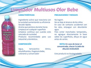 Ingrediente activo que reacciona con
la suciedad aumentando su eficiencia
Secado rápido.
Aroma que perdura durante horas
Limpieza en cualquier superficie
Limpieza continua aun cuando este
saturado de suciedad
Producto recomendado para uso
industrial y doméstico.

Agua,
tensoactivo
iónico,
emulsificantes, fragancia bebe,
colorante y conservador

No ingerir.
No se deje al alcance de los niños
En caso de contacto accidental con
los ojos, enjuague con abundante
agua.
Para evitar manchados temporales,
no agregue directamente la base
sobre las superficies, diluya en agua
antes de verter.
En caso de tener el
concentrado, checar la tabla de
dilución ECOLOGÍA

Este producto es biodegradable.

 