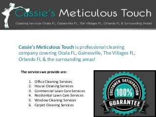 Cassie’s Meticulous Touch is professional cleaning
company covering Ocala FL, Gainesville, The Villages FL,
Orlando FL & the surrounding areas!
The services we provide are:
1.
2.
3.
4.
5.
6.

Office Cleaning Services
House Cleaning Services
Commercial Lawn Care Services
Residential Lawn Care Services
Window Cleaning Services
Carpet Cleaning Services

 