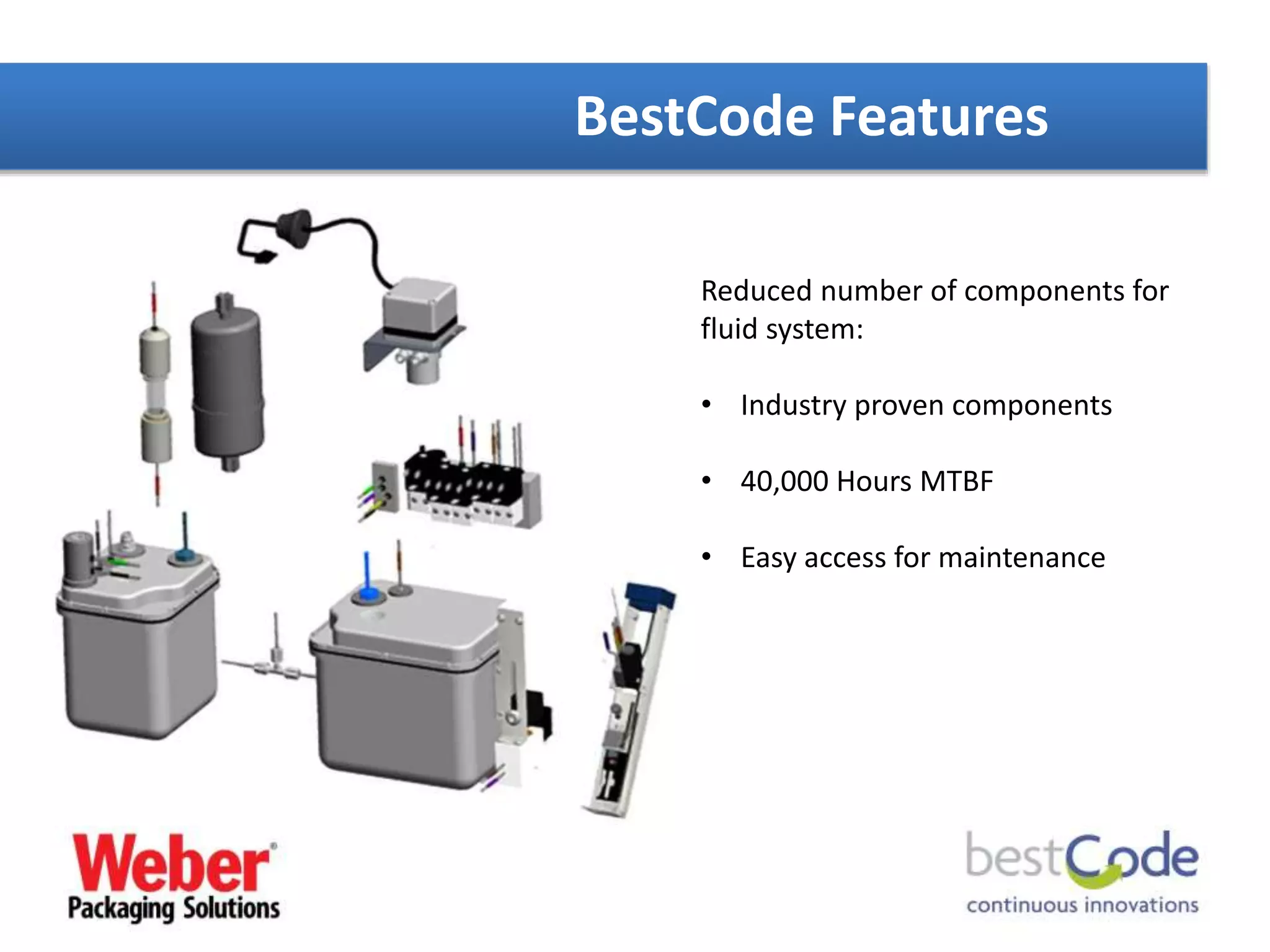 Reduced number of components for
fluid system:
• Industry proven components
• 40,000 Hours MTBF
• Easy access for maintenance
BestCode Features
 