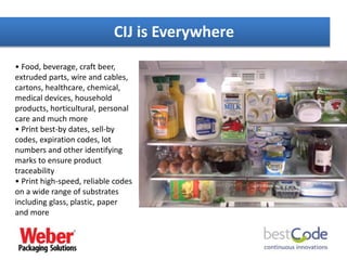 CIJ is Everywhere
• Food, beverage, craft beer,
extruded parts, wire and cables,
cartons, healthcare, chemical,
medical devices, household
products, horticultural, personal
care and much more
• Print best-by dates, sell-by
codes, expiration codes, lot
numbers and other identifying
marks to ensure product
traceability
• Print high-speed, reliable codes
on a wide range of substrates
including glass, plastic, paper
and more
 
