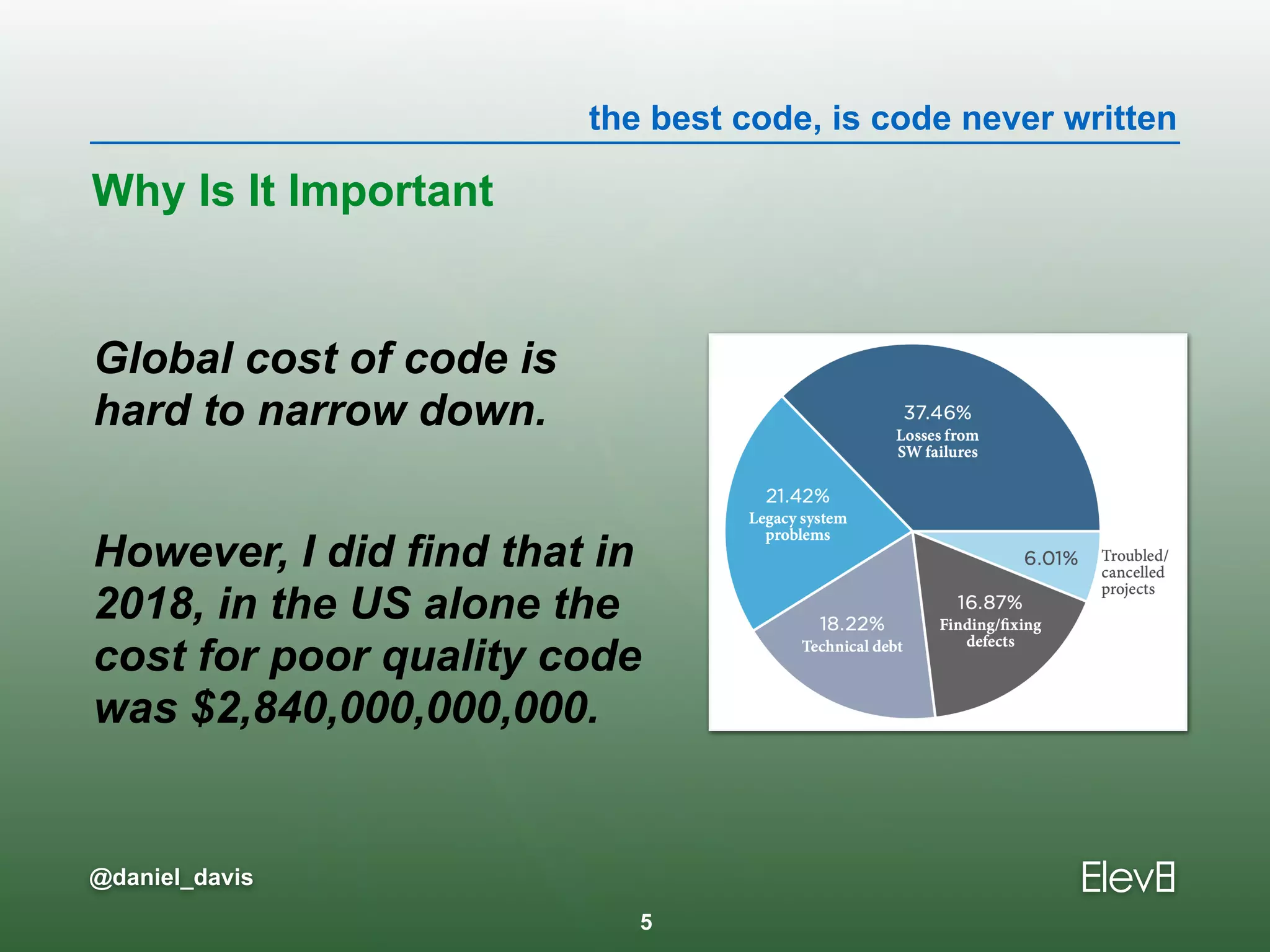 the best code, is code never written
@daniel_davis
Global cost of code is  
hard to narrow down.
However, I did find that in  
2018, in the US alone the  
cost for poor quality code  
was $2,840,000,000,000.
Why Is It Important
5
 