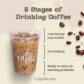 3 Stages of
Drinking Coffee
I can barely
stay awake.
I'm shaking.
Ready to solve all
existing problems.
n-joycafe.com
 