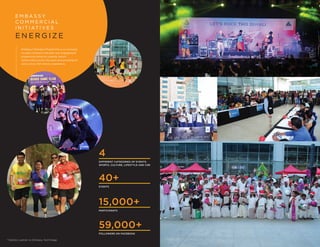 59,000+
FOLLOWERS ON FACEBOOK
4
DIFFERENT CATEGORIES OF EVENTS:
SPORTS, CULTURE, LIFESTYLE AND CSR
15,000+
PARTICIPANTS
40+
EVENTS
E M B A S S Y
C O M M E R C I A L
I N I T I AT I V E S
E N E R G I Z E
Embassy’s Energize Programme is an exclusive
occupier outreach and park user engagement
programme aimed at creating vibrant
communities across the parks and providing all
users a truly 21st century experience.
* Statistics pertain to Embassy TechVillage
 