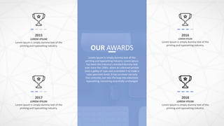 OUR AWARDS
Lorem Ipsum is simply dummy text of the
printing and typesetting industry. Lorem Ipsum
has been the industry's standard dummy text
ever since the 1500s, when an unknown printer
took a galley of type and scrambled it to make a
type specimen book. It has survived not only
five centuries, but also the leap into electronic
typesetting, remaining essentially unchanged
2015
LOREM IPSUM
Lorem Ipsum is simply dummy text of the
printing and typesetting industry.
2017
LOREM IPSUM
Lorem Ipsum is simply dummy text of the
printing and typesetting industry.
2016
LOREM IPSUM
Lorem Ipsum is simply dummy text of the
printing and typesetting industry.
2018
LOREM IPSUM
Lorem Ipsum is simply dummy text of the
printing and typesetting industry.
 