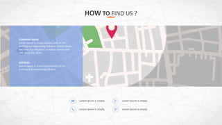 HOW TO FIND US ?
Lorem Ipsum is simply
Lorem Ipsum is simply
Lorem Ipsum is simply
Lorem Ipsum is simply
ADDRESS
Lorem Ipsum is simply dummy text of the
printing and typesetting industry.
COMPANY NAME
Lorem Ipsum is simply dummy text of the
printing and typesetting industry. Lorem Ipsum
has been the industry's standard dummy text
ever since the 1500s
 