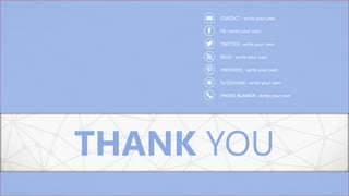 THANK YOU
CONTACT : write your own
FB : write your own
TWITTER : write your own
BLOG : write your own
PINTEREST : write your own
SLIDESHARE : write your own
PHONE NUMBER : write your own
 