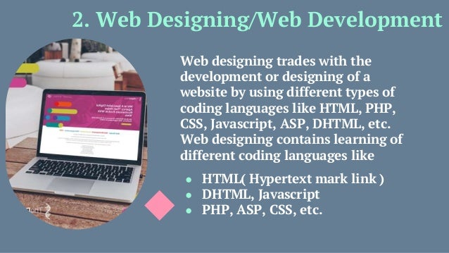 Web designing trades with the
development or designing of a
website by using different types of
coding languages like HTML, PHP,
CSS, Javascript, ASP, DHTML, etc.
Web designing contains learning of
different coding languages like
● HTML( Hypertext mark link )
● DHTML, Javascript
● PHP, ASP, CSS, etc.
2. Web Designing/Web Development
 