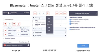 Blazemeter : Jmeter 스크립트 생성 도구(크롬 플러그인)
스크립트 녹화 녹화된 스크립트 편집 다양한 포멧으로 저장
 