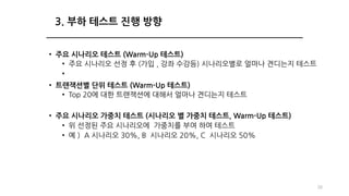 • 주요 시나리오 테스트 (Warm-Up 테스트)
• 주요 시나리오 선정 후 (가입 , 강좌 수강등) 시나리오별로 얼마나 견디는지 테스트
•
• 트랜잭션별 단위 테스트 (Warm-Up 테스트)
• Top 20에 대한 트랜잭션에 대해서 얼마나 견디는지 테스트
• 주요 시나리오 가중치 테스트 (시나리오 별 가중치 테스트, Warm-Up 테스트)
• 위 선정된 주요 시나리오에 가중치를 부여 하여 테스트
• 예 ) A 시나리오 30%, B 시나리오 20%, C 시나리오 50%
26
3. 부하 테스트 진행 방향
 