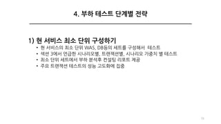 1) 현 서비스 최소 단위 구성하기
• 현 서비스의 최소 단위 WAS, DB등의 세트를 구성해서 테스트
• 섹션 3에서 언급한 시나리오별, 트랜잭션별, 시나리오 가중치 별 테스트
• 최소 단위 세트에서 부하 분석후 컨설팅 리포트 제공
• 주요 트랜잭션 테스트의 성능 고도화에 집중
33
4. 부하 테스트 단계별 전략
 