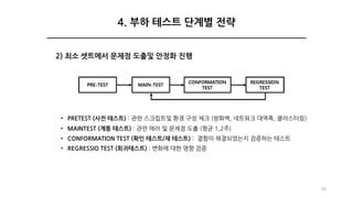 2) 최소 셋트에서 문제점 도출및 안정화 진행
• PRETEST (사전 테스트) : 관련 스크립트및 환경 구성 체크 (방화벽, 네트워크 대역폭, 클러스터링)
• MAINTEST (계통 테스트) : 관련 에러 및 문제점 도출 (평균 1,2주)
• CONFORMATION TEST (확인 테스트/재 테스트) : 결함이 해결되었는지 검증하는 테스트
• REGRESSIO TEST (회귀테스트) : 변화에 대한 영향 검증
34
4. 부하 테스트 단계별 전략
 
