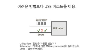 어려운 방법보다 USE 메소드를 이용.
Saturation
Utilization
X
Errors
Utilization : 얼만큼 자원을 썼는지?
Saturation : 얼마나 많은 부하(extra works)가 들어왔는지.
Error : 발생한 에러는?
 