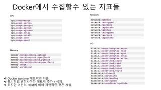 Docker에서 수집할수 있는 지표들
v Docker runtime 매트릭과 다름.
v 모니터링 밴더사마다 매트릭 추가 / 삭제.
v 하지만 여전히 Host에 비해 제한적인 것은 사실.
 