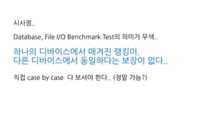 시사점..
Database, File I/O Benchmark Test의 의미가 무색..
하나의 디바이스에서 매겨진 랭킹이.
다른 디바이스에서 동일하다는 보장이 없다..
직접 case by case 다 보셔야 한다.. (정말 가능?)
 