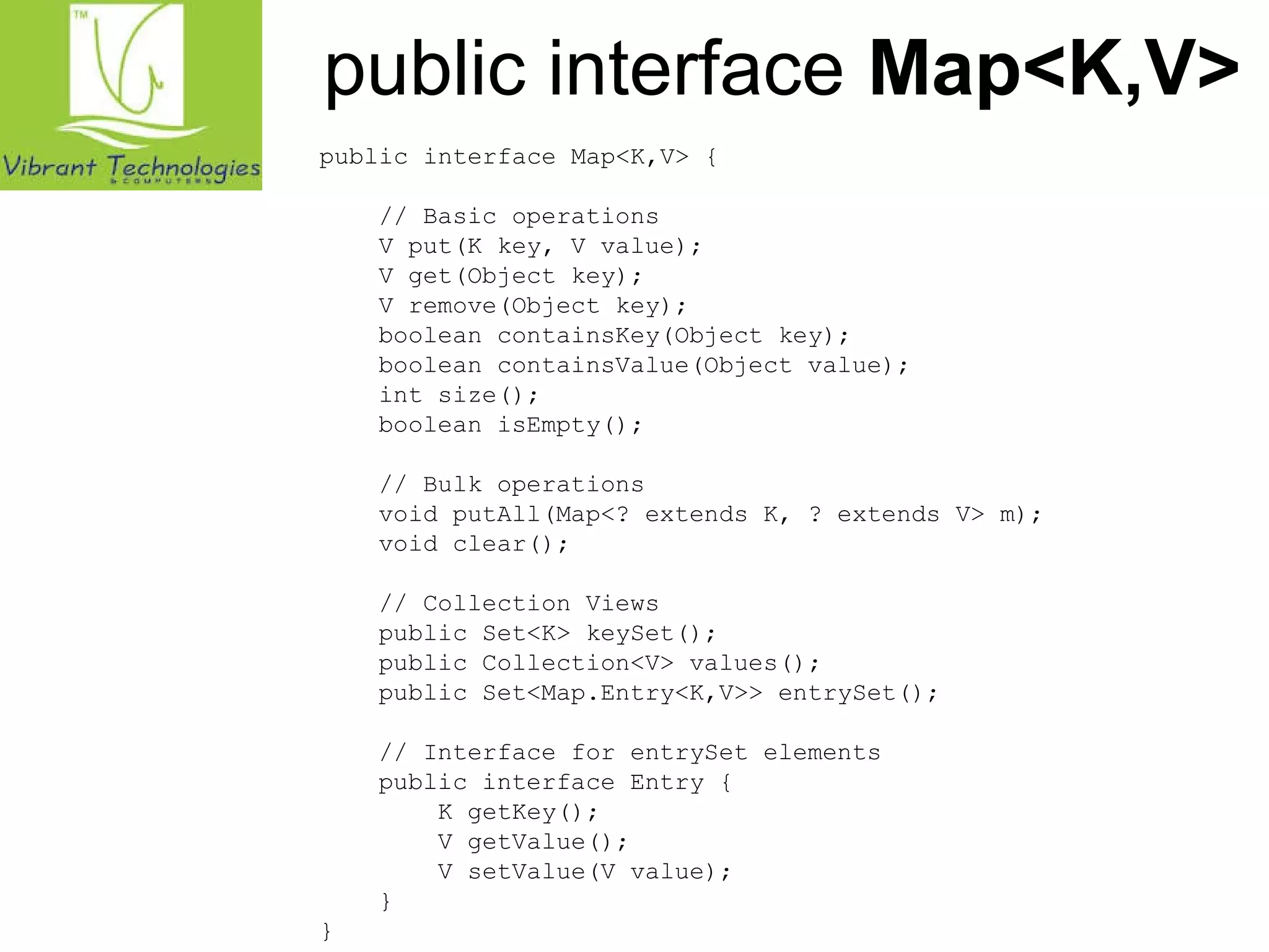 public interface Map<K,V> 
public interface Map<K,V> { 
// Basic operations 
V put(K key, V value); 
V get(Object key); 
V remove(Object key); 
boolean containsKey(Object key); 
boolean containsValue(Object value); 
int size(); 
boolean isEmpty(); 
// Bulk operations 
void putAll(Map<? extends K, ? extends V> m); 
void clear(); 
// Collection Views 
public Set<K> keySet(); 
public Collection<V> values(); 
public Set<Map.Entry<K,V>> entrySet(); 
// Interface for entrySet elements 
public interface Entry { 
K getKey(); 
V getValue(); 
V setValue(V value); 
} 
} 
 