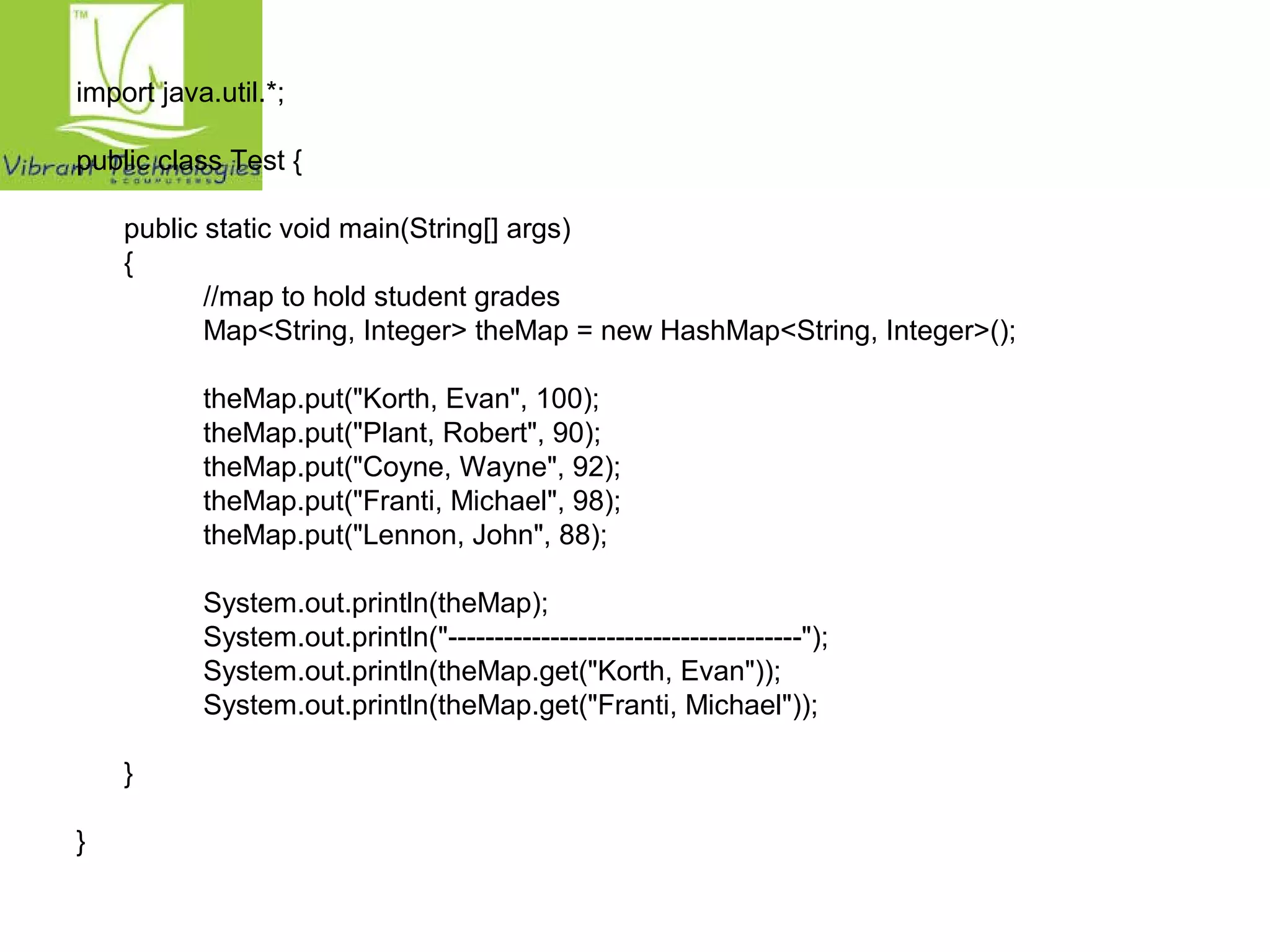 import java.util.*; 
public class Test { 
public static void main(String[] args) 
{ 
//map to hold student grades 
Map<String, Integer> theMap = new HashMap<String, Integer>(); 
theMap.put("Korth, Evan", 100); 
theMap.put("Plant, Robert", 90); 
theMap.put("Coyne, Wayne", 92); 
theMap.put("Franti, Michael", 98); 
theMap.put("Lennon, John", 88); 
System.out.println(theMap); 
System.out.println("--------------------------------------"); 
System.out.println(theMap.get("Korth, Evan")); 
System.out.println(theMap.get("Franti, Michael")); 
} 
} 
 