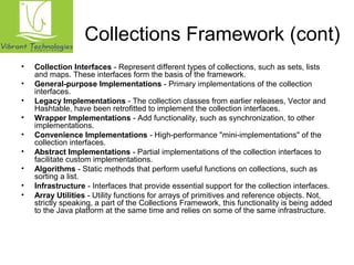 Collections Framework (cont) 
• Collection Interfaces - Represent different types of collections, such as sets, lists 
and maps. These interfaces form the basis of the framework. 
• General-purpose Implementations - Primary implementations of the collection 
interfaces. 
• Legacy Implementations - The collection classes from earlier releases, Vector and 
Hashtable, have been retrofitted to implement the collection interfaces. 
• Wrapper Implementations - Add functionality, such as synchronization, to other 
implementations. 
• Convenience Implementations - High-performance "mini-implementations" of the 
collection interfaces. 
• Abstract Implementations - Partial implementations of the collection interfaces to 
facilitate custom implementations. 
• Algorithms - Static methods that perform useful functions on collections, such as 
sorting a list. 
• Infrastructure - Interfaces that provide essential support for the collection interfaces. 
• Array Utilities - Utility functions for arrays of primitives and reference objects. Not, 
strictly speaking, a part of the Collections Framework, this functionality is being added 
to the Java platform at the same time and relies on some of the same infrastructure. 
 