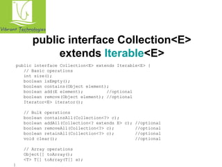 public interface Collection<E> 
extends Iterable<E> 
public interface Collection<E> extends Iterable<E> { 
// Basic operations 
int size(); 
boolean isEmpty(); 
boolean contains(Object element); 
boolean add(E element); //optional 
boolean remove(Object element); //optional 
Iterator<E> iterator(); 
// Bulk operations 
boolean containsAll(Collection<?> c); 
boolean addAll(Collection<? extends E> c); //optional 
boolean removeAll(Collection<?> c); //optional 
boolean retainAll(Collection<?> c); //optional 
void clear(); //optional 
// Array operations 
Object[] toArray(); 
<T> T[] toArray(T[] a); 
} 
 