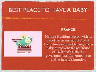 BEST PLACE TO HAVE A BABY


                       FRANCE

            Maman is sitting pretty, with as
              much as seven months’ paid
           leave, low-cost health care, and a
              baby nurse who makes house
                 calls. If she’s sick, the
             government sends someone to
                do the family’s laundry.
 