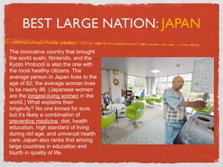 BEST LARGE NATION: JAPAN
The innovative country that brought
the world sushi, Nintendo, and the
Kyoto Protocol is also the one with
the most healthy citizens. The
average person in Japan lives to the
age of 82; the average woman lives
to be nearly 86. (Japanese women
are the longest-living women in the
world.) What explains their
longevity? No one knows for sure,
but it's likely a combination of
preventive medicine, diet, health
education, high standard of living
during old age, and universal health
care. Japan also ranks first among
large countries in education and
fourth in quality of life.
 